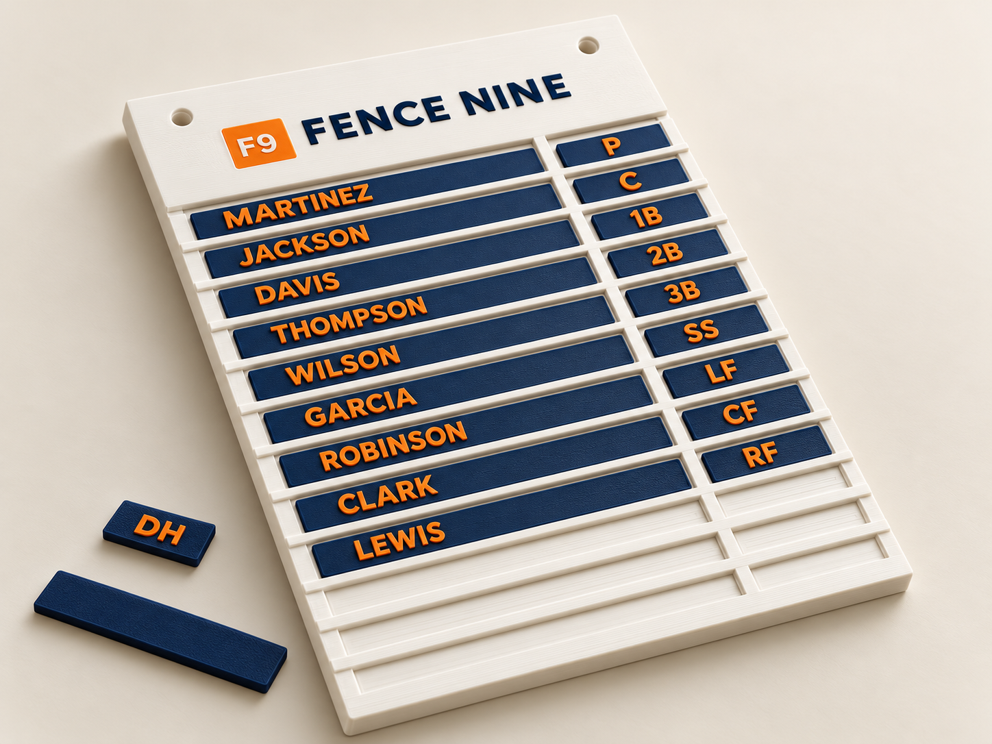 Product visualization based on our flat rectangular lineup board design with top mounting holes, long slide-in player cards on the left and shorter position cards on the right